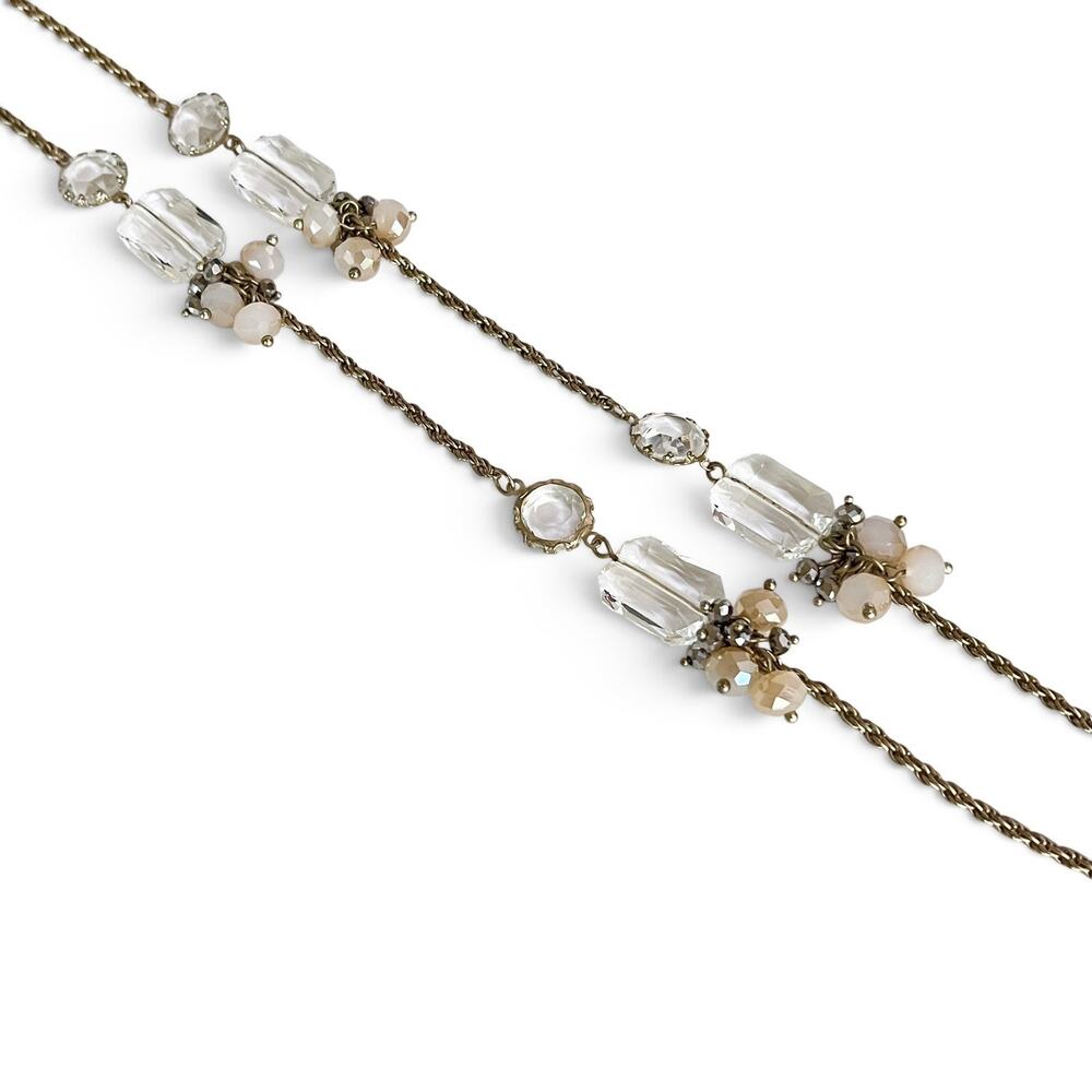 Long Station Necklace Clear Faceted Stones Pink Cluster Beads Boho Chic Retro